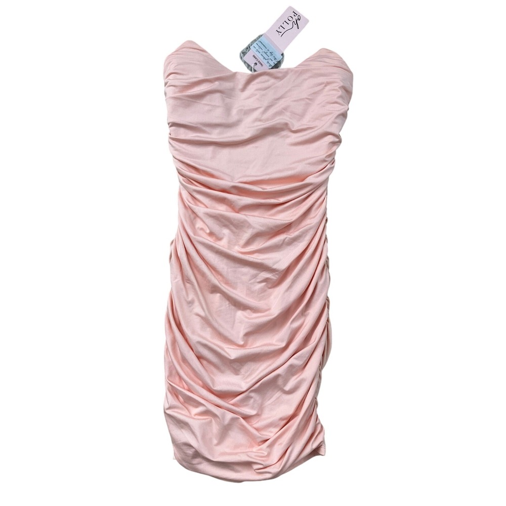 Oh Polly Ruched Strapless Mini Dress Blush Pink Bodycon‎ Stretch